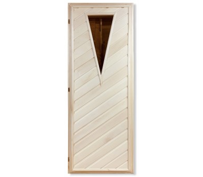 Предлагаем к покупке деревянную дверь из липовой вагонки глухую с треугольным стеклом