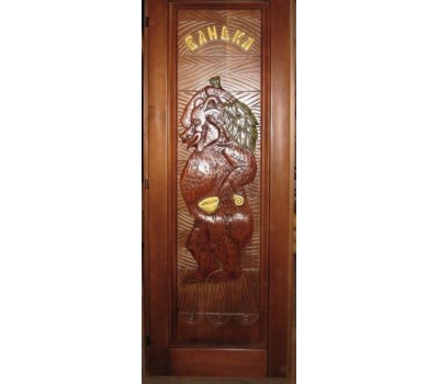 Предлагаем резную дверь для бани массива из липы с рисунком Медведь VIP, покрытие маслом с твёрдым воском.
